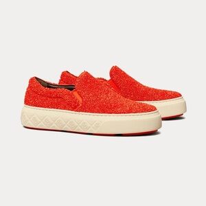 Tory Burch Ladybug Raffia & Leather Piper-Red Slip-On Sneakers